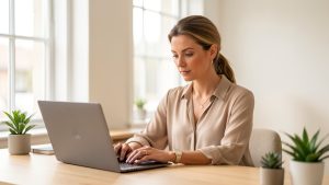 Femme adulte élégante travaillant sur un ordinateur portable dans un studio moderne, lumineux et professionnel.