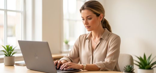 Femme adulte élégante travaillant sur un ordinateur portable dans un studio moderne, lumineux et professionnel.
