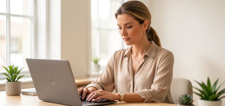 Femme adulte élégante travaillant sur un ordinateur portable dans un studio moderne, lumineux et professionnel.