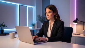 Une femme adulte habillée travaille avec concentration sur un ordinateur portable dans un studio élégant éclairé par une lumière néon douce.