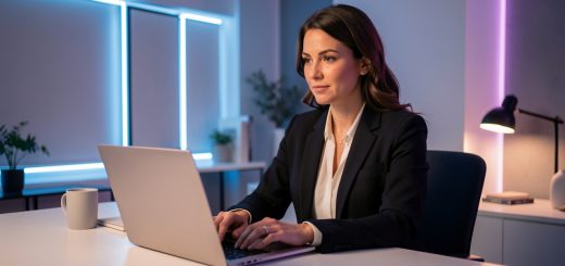 Une femme adulte habillée travaille avec concentration sur un ordinateur portable dans un studio élégant éclairé par une lumière néon douce.