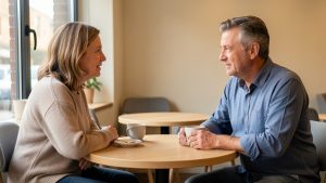 Une femme et un homme divorcés discutent calmement dans un café, dans une atmosphère chaleureuse et sincère.