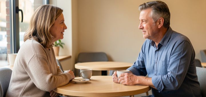 Une femme et un homme divorcés discutent calmement dans un café, dans une atmosphère chaleureuse et sincère.