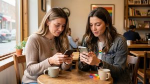 Deux femmes adultes discutent discrètement dans un café de petite ville en consultant leurs smartphones, dans une atmosphère chaleureuse et inclusive.