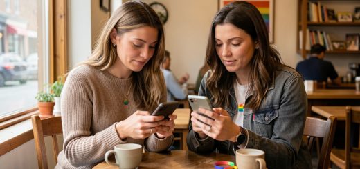 Deux femmes adultes discutent discrètement dans un café de petite ville en consultant leurs smartphones, dans une atmosphère chaleureuse et inclusive.