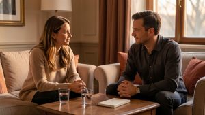 Un homme et une femme discutent calmement de leurs limites communes dans un salon chaleureux.