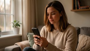 Une femme réfléchit avec prudence avant d’accepter une rencontre après un échange en ligne, en tenant son smartphone dans un intérieur chaleureux.