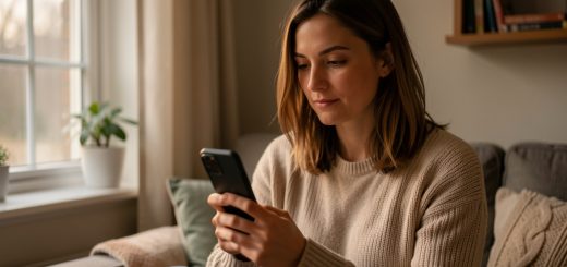 Une femme réfléchit avec prudence avant d’accepter une rencontre après un échange en ligne, en tenant son smartphone dans un intérieur chaleureux.