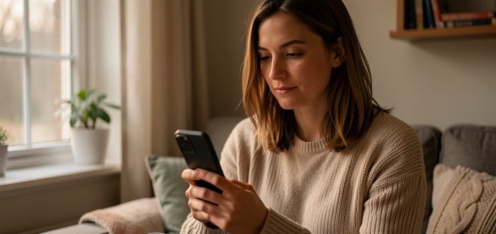 Une femme réfléchit avec prudence avant d’accepter une rencontre après un échange en ligne, en tenant son smartphone dans un intérieur chaleureux.